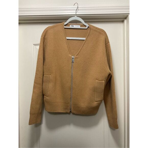 Wool Zara Camel Colored Wool Varsity Style Zipped Cardigan (Size S) - Picture 1 of 4